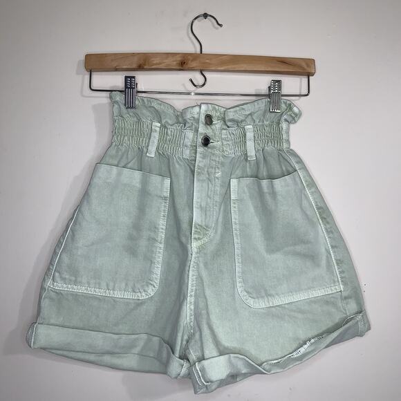 Zara Pants - ZARA High Waisted Pastel Green 100% Cotton Women Paper Bag Shorts Size US 2